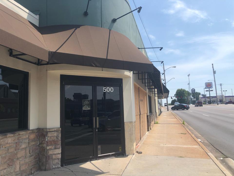 Panera Bread Company, 500 S. National Ave., stands vacant and without exterior signage on Aug. 4, 2023. A car crashed into the restaurant in April, and the store has been closed since then.