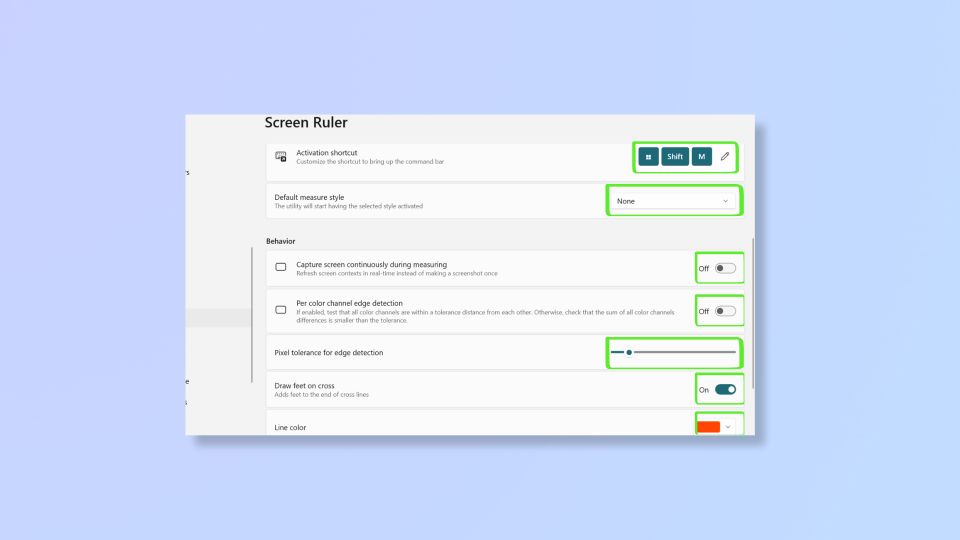 A screenshot of the PowerToys app, showing how to personalize the Screen Ruler tool. 