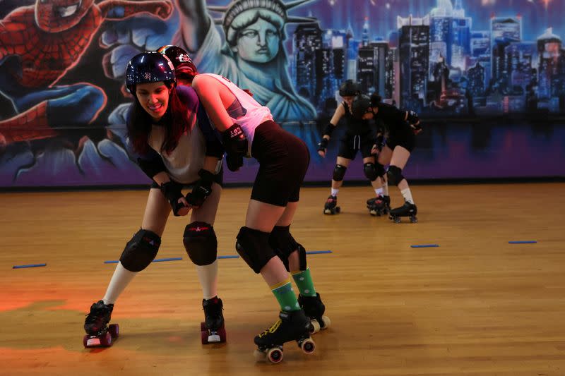 New York's Long Island Roller Rebels practice at the United Skates of America Roller Skating facility in Massapequa, New York