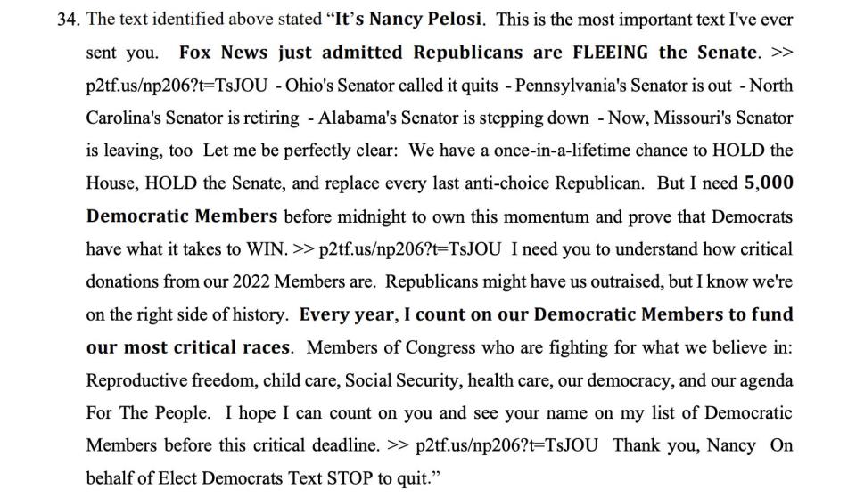 A fundraising text that Rojas received from Pelosi, according to the lawsuit.