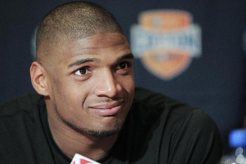 FILE - In this Jan. 1, 2014, file photo, Missouri senior defensive lineman Michael Sam speaks to the media during an NCAA college football news conference in Irving, Texas. Sam says he is gay, and he could become the first openly homosexual player in the NFL. (AP Photo/Brandon Wade, File)