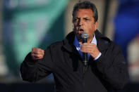 Sergio Massa, Argentine Economy Minister and ruling party presidential candidate speaks during a campaign event in Buenos Aires, Argentina, Tuesday, Oct. 17, 2023. Argentine general elections are set for Oct. 22. (AP Photo/Natacha Pisarenko)