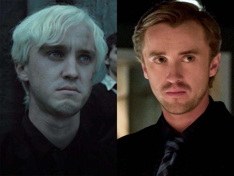 On the left: Tom Felton in "Harry Potter and the Deathly Hallows: Part 2." On the right: Felton as Julian Albert in season three of "The Flash."