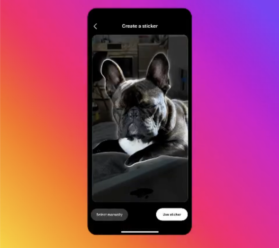 A demonstration of Instagram's sticker creation tool showing a French bulldog selected as a sticker
