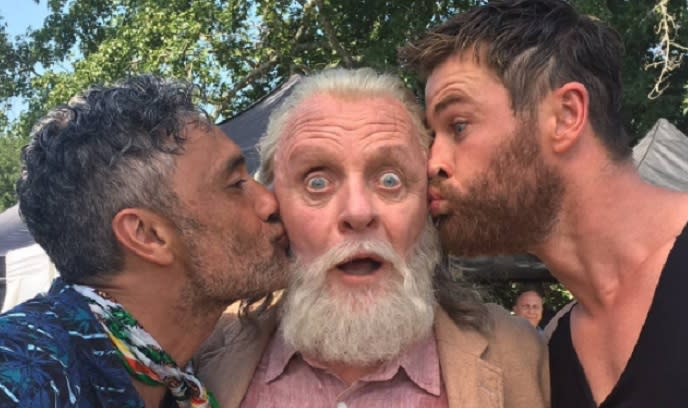 By Odin's beard! Oscar winner Sir Anthony Hopkins with his 'Thor: Ragnarok' director and co-star, Taika Waititi and Chris Hemsworth (credit: Taika Waititi's Instagram)