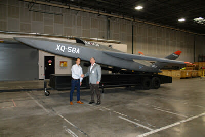 Shield AI CEO Ryan Tseng and Kratos Senior Vice President for Business Development and Strategy Jeff Herro together in Kratos' tactical drone facility.