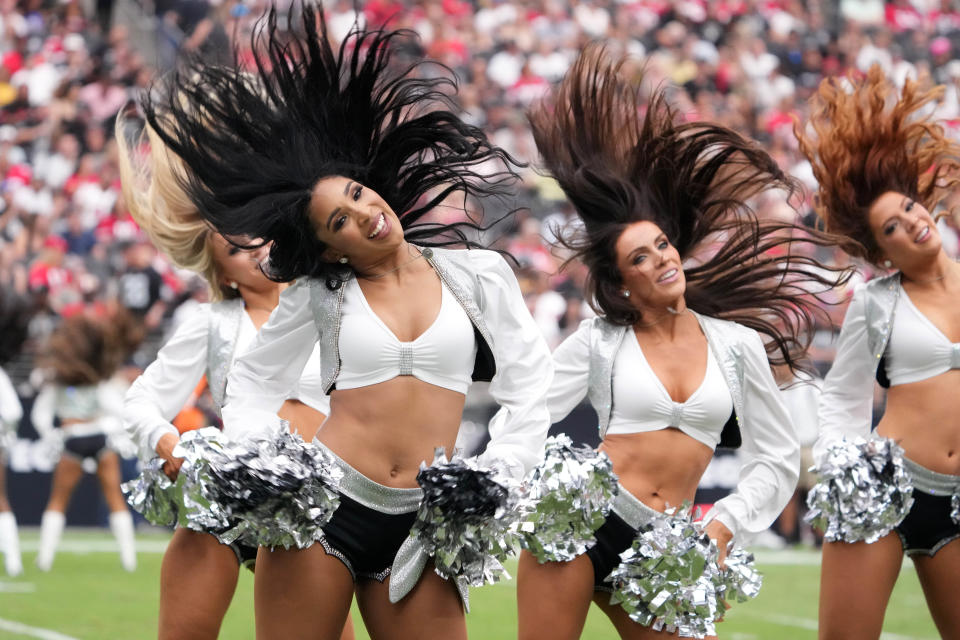 Aug 13, 2023; Paradise, Nevada, USA; Las Vegas Raiders raiderette cheerleaders perform during the game against the San Francisco 49ers at Allegiant Stadium. Mandatory Credit: Kirby Lee-USA TODAY Sports