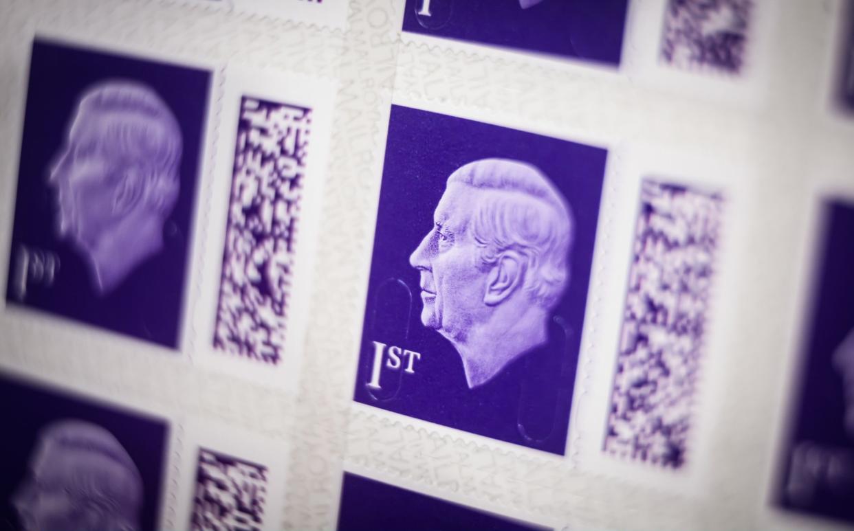 A sheet of the new first class stamps featuring a likeness of King Charles III