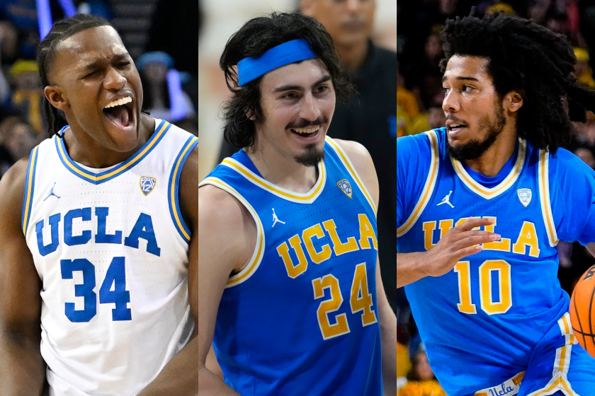 UCLA basketball players David Singleton, Jaime Jaquez and Tyger Campbell.