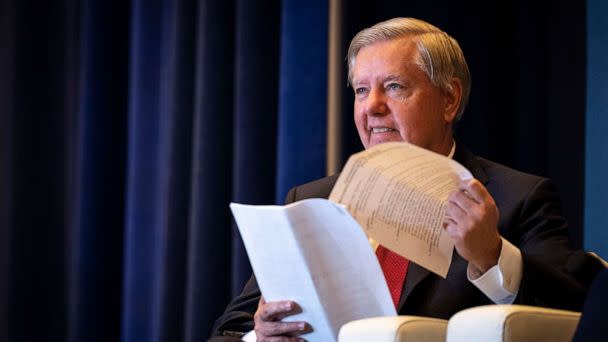 PHOTO: Sen. Lindsey Graham participates in a panel discussion on the economy during the America First Agenda Summit in Washington, July 26, 2022. (Drew Angerer/Getty Images)