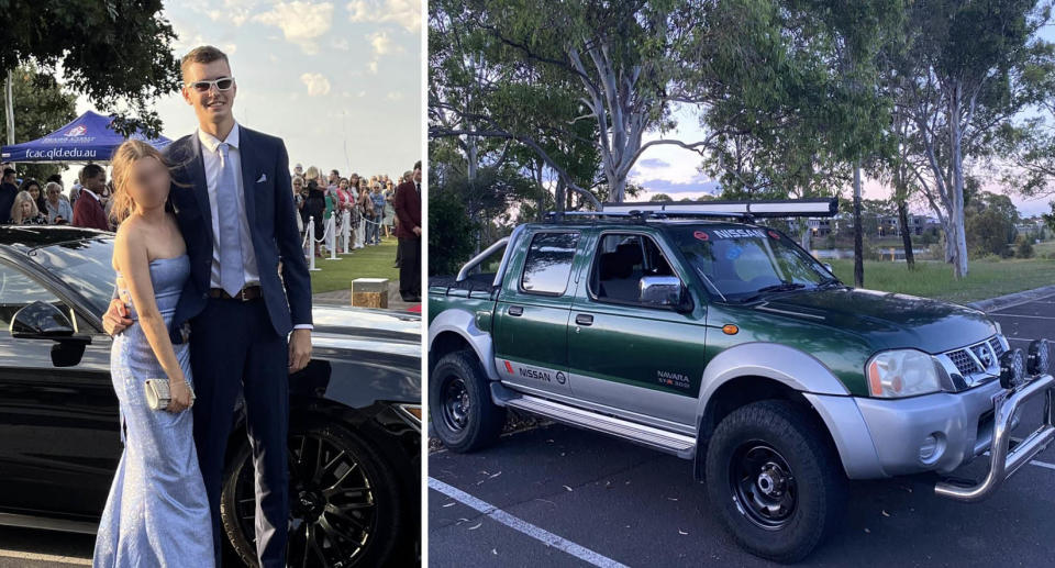 Mr Smith and his date at their formal (left) and his green Nissan Navara.