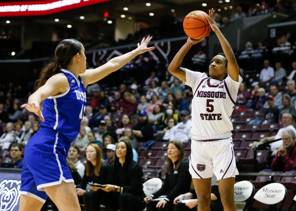 Missouri State guard Aniya Thomas shoots a three-pointer as the Bears take on the Drake Bulldogs at Great Southern Bank Arena on Saturday, Jan. 28, 2023.