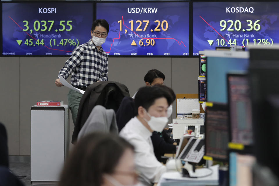 A currency trader walks near screens showing the Korea Composite Stock Price Index (KOSPI), left, and the foreign exchange rate between U.S. dollar and South Korean won, center, at the foreign exchange dealing room of the KEB Hana Bank headquarters in Seoul, South Korea, Thursday, March 4, 2021. Asian shares fell Thursday, tracking a decline on Wall Street as another rise in bond yields rattled investors who worry that higher inflation may prompt central banks to raise ultra-low interest rates. (AP Photo/Ahn Young-joon)