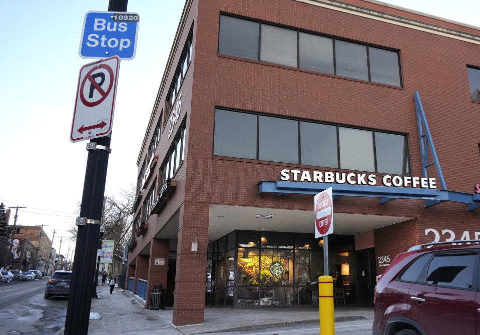 A Starbucks Coffee shop sits on Murray Avenue in the Squirrel Hill neighborhood of Pittsburgh, Sunday, Jan 21, 2024. The mother of an intellectually disabled girl who allegedly was led from school grounds by three male students and sexually assaulted in the Starbucks bathroom and a nearby empty building filed a lawsuit Wednesday, Jan 24, 2024, accusing Starbucks, Pittsburgh Public Schools and a property management company of negligence. (AP Photo/Gene J. Puskar)