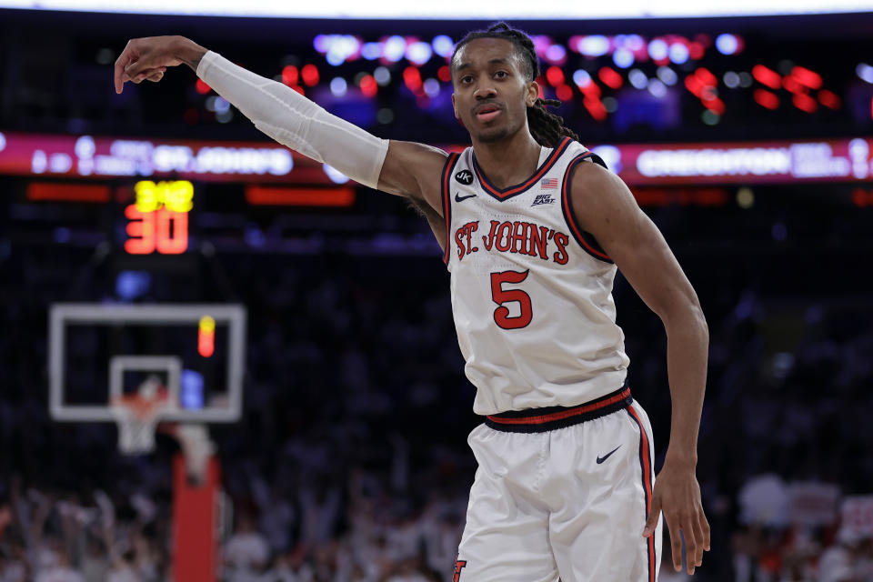 St. John's guard Daniss Jenkins reacts after making a basket against Creighton during the second half of an NCAA college basketball game, Sunday, Feb. 25, 2024, in New York. (AP Photo/Adam Hunger)