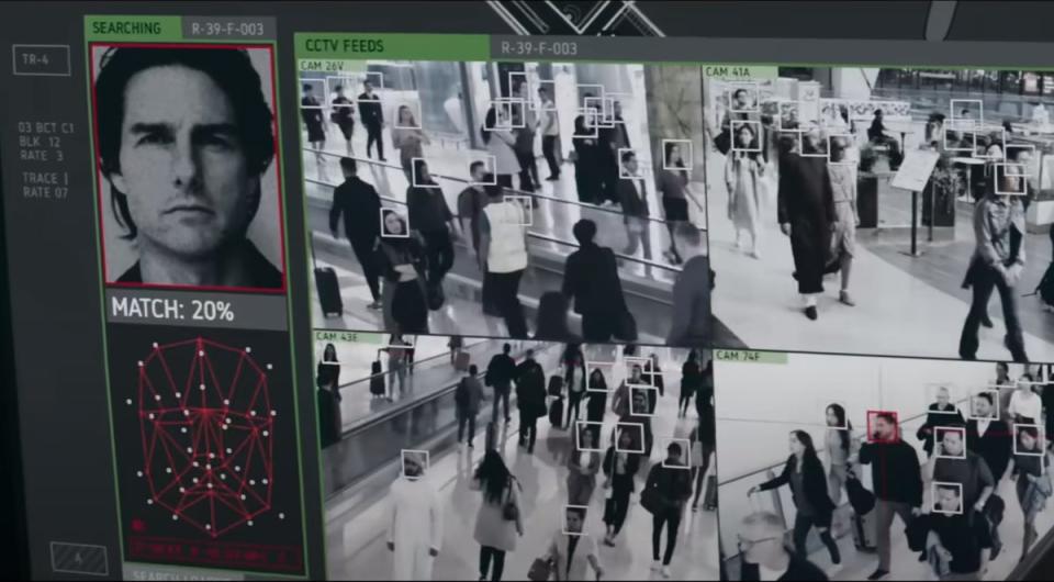 In MI7, US intelligence tries to locate Ethan Hunt (Tom Cruise) at Abu Dhabi Airport using facial-recognition software that scans CCTV camera footage in real time (Paramount Pictures)
