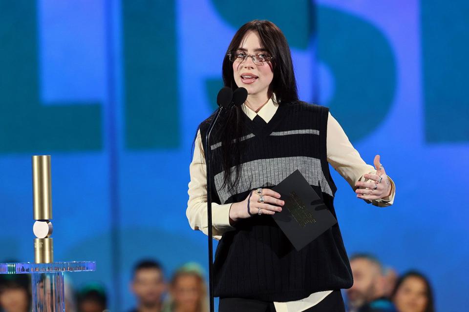<p>Rich Polk/NBC</p> Billie Eilish accepts the TV Performance of the Year award for "Swarm" at the 2024 People