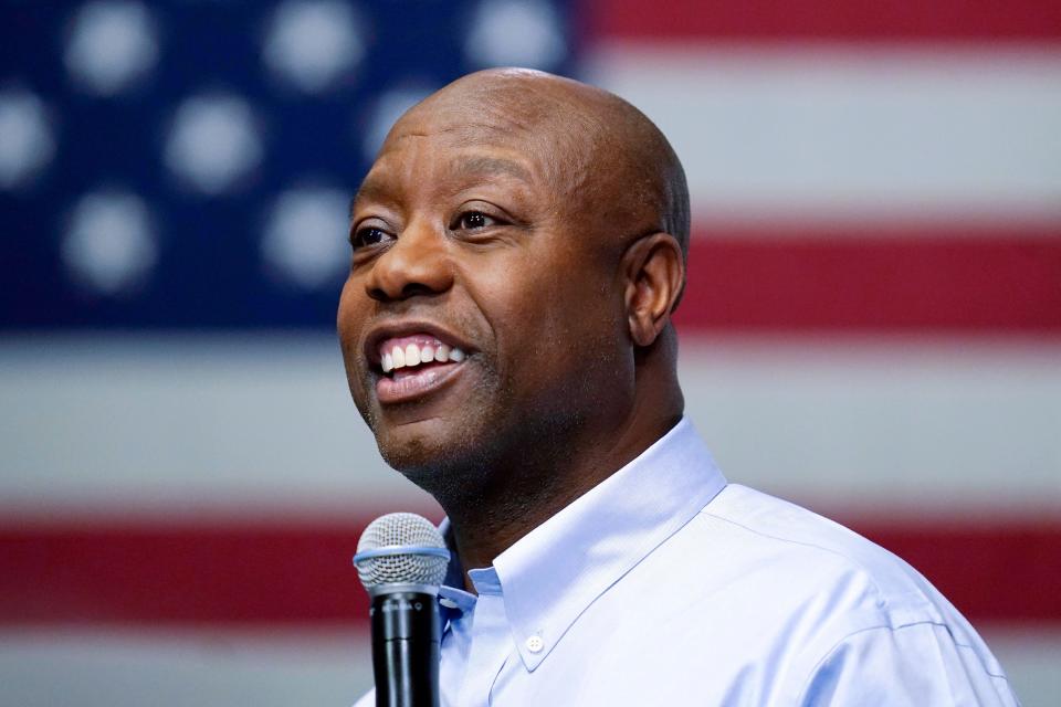 Republican presidential candidate Sen. Tim Scott, R-S.C., speaks during a town hall, May 8, 2023, in Manchester, N.H.