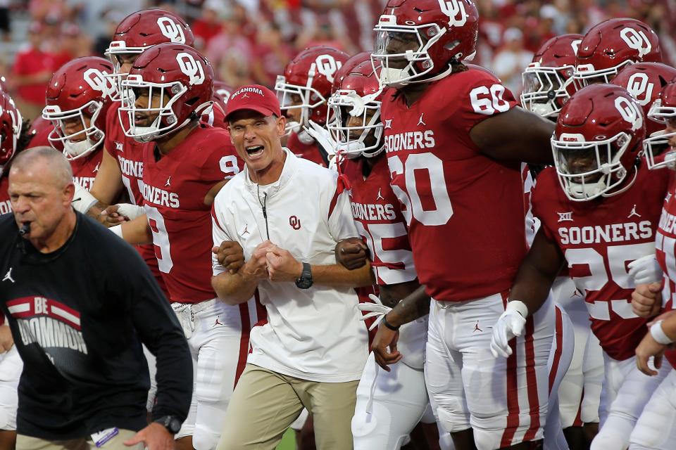 Oklahoma coach Brent Venables gets fired up during the Sooners' 41-34 loss to Kansas State at home Saturday. Oklahoma dropped out of the top 10 in The Associated Press poll with the loss.