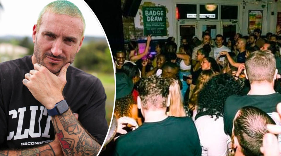 A pub owner in a black t-shirt with his hand on his chin and an inset of a crowd at his venue as prices rise.