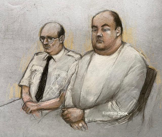 Court sketch of Gavin Plumb (right) who plotted to kidnap and murder Holly Willoughby, appearing at Chelmsford Crown Court 