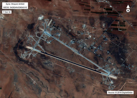 Shayrat Airfield in Homs, Syria in an image released by the Pentagon after announcing U.S. forces conducted a cruise missile strike against the Syrian Air Force airfield. DigitalGlobe/Courtesy U.S. Department of Defense