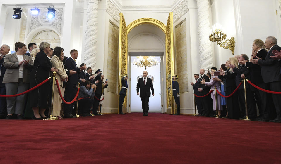 Vladimir Putin arrives for his inauguration ceremony as Russian President in the Grand Kremlin Palace in Moscow, Russia, Tuesday, May 7, 2024. (Sergei Bobylev, Sputnik, Kremlin Pool Photo via AP)