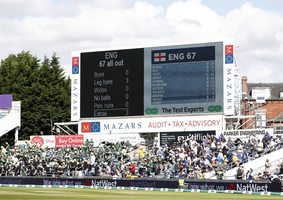 LEEDS, ENGLAND - AUGUST 23: A general view of the scoreboard after England were bowled out for 67 runs during Day Two of the 3rd Specsavers Ashes Test match between England and Australia at Headingley on August 23, 2019 in Leeds, England. (Photo by Ryan Pierse/Getty Images)