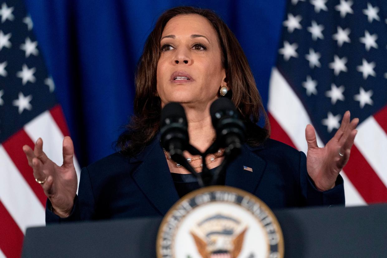 Kamala Harris addresses voting rights during remarks at Howard University on 8 July. (AP)