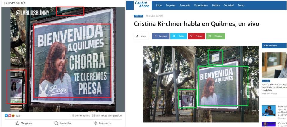 <span>Comparación entre capturas de pantalla de una publicación en Facebook (I) y una nota de Chubut Ahora con la fotografía original, hecha el 30 de abril de 2024</span>