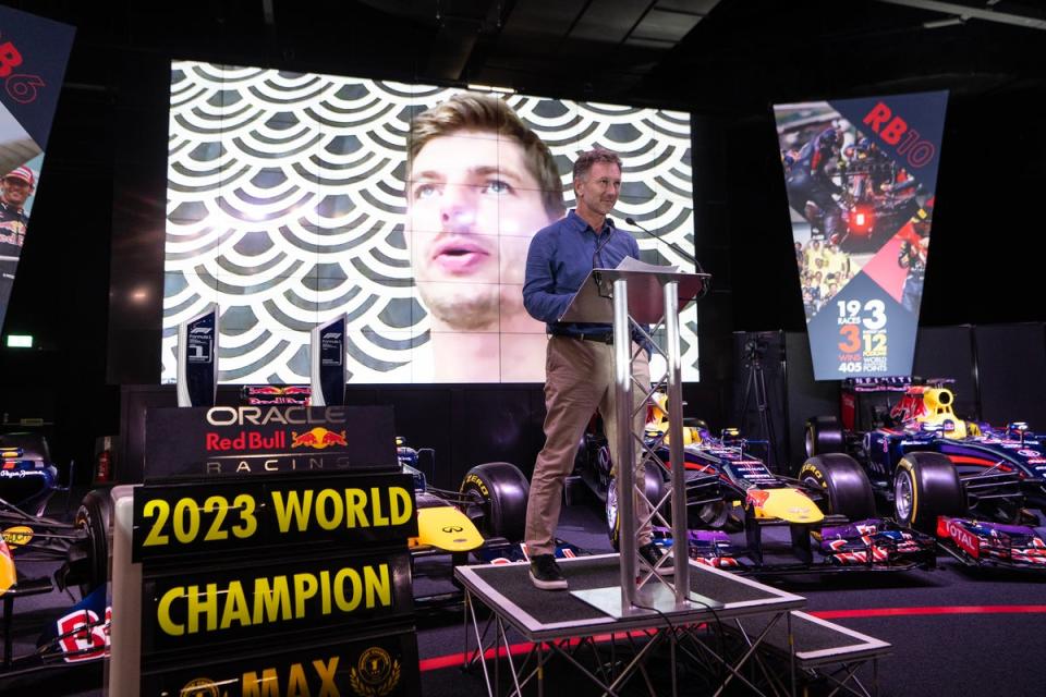 Max Verstappen joins Christian Horner via video link to address Red Bull staff after the Qatar Grand Prix (Daniel Hambury / The Standard)