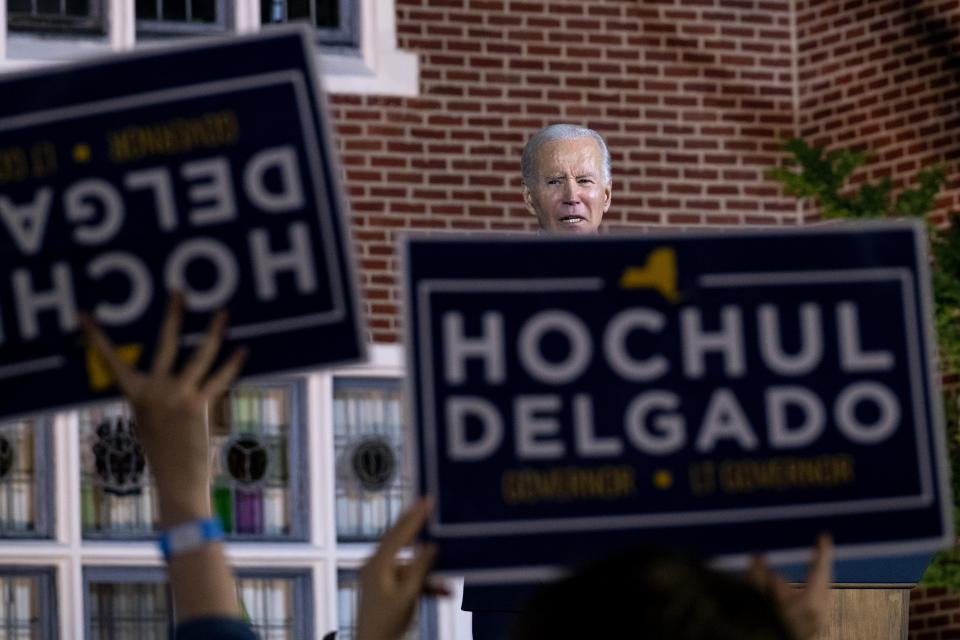 President Joe Biden speaks during a campaign event where he joined New York Gov. Kathy Hochul at Sarah Lawrence College in Yonkers, N.Y., Sunday, Nov. 6, 2022. (AP Photo/Craig Ruttle)