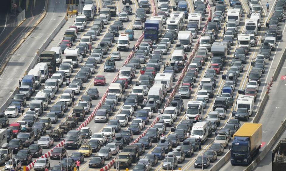 Vehicles queuing at the Port of Dover in Kent