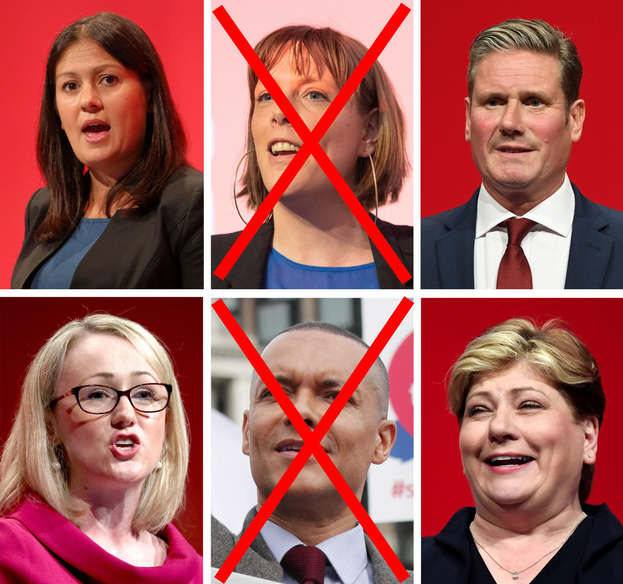 File photos of (left to right) Lisa Nandy, Jess Phillips, Keir Starmer, Rebecca Long-Bailey, Clive Lewis and Emily Thornberry. Jess Phillips is the latest to abandon her bid to become leader of the Labour Party, after admitting she would not be the person to unite the party.