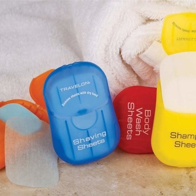 collection of shaving sheets, body wash sheets, and shampoo sheets