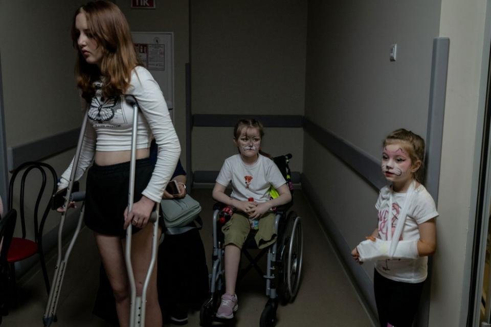 Young patients of Okhmatdyt Children's Hospital, their faces painted, gather in the hospital's shelter, in Kyiv, Ukraine, on June 1.<span class="copyright">Nicole Tung—The New York Times/Redux</span>