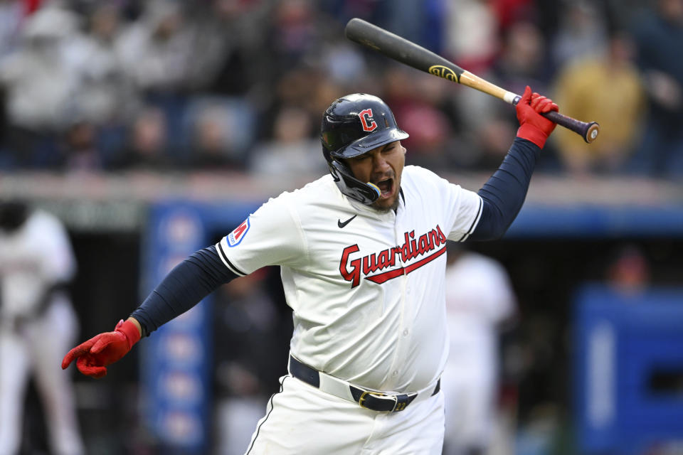 Cleveland Guardians' Josh Naylor celebrates his two-run home run off Oakland Athletics starting pitcher Alex Wood during the fifth inning of a baseball game Saturday, April 20, 2024, in Cleveland. (AP Photo/Nick Cammett)