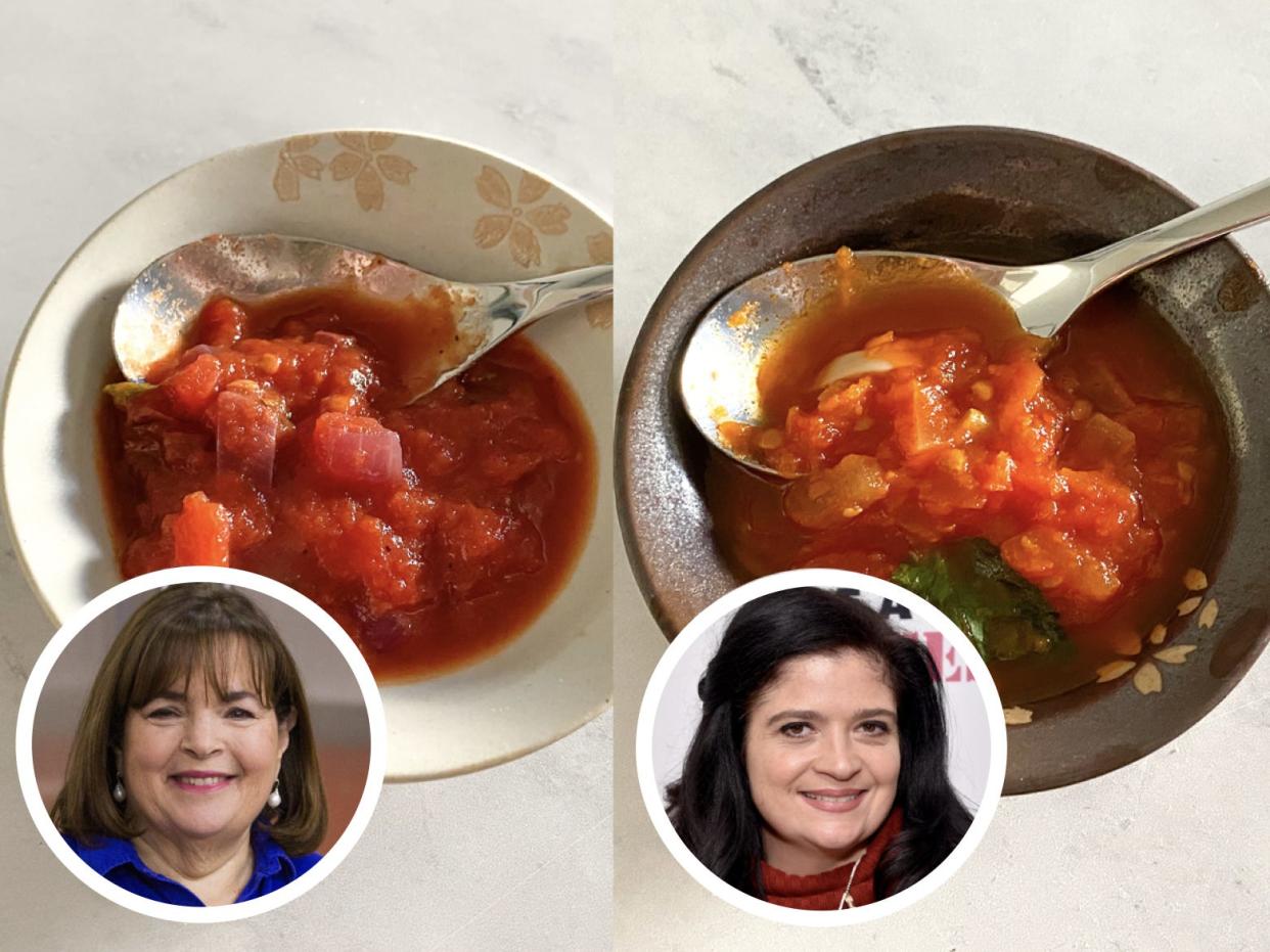 Bowl of marinara sauce with circular picture of Ina Garten next to it; Bowl of marinara with basil and circular picture of Alex Guarnaschelli next to it