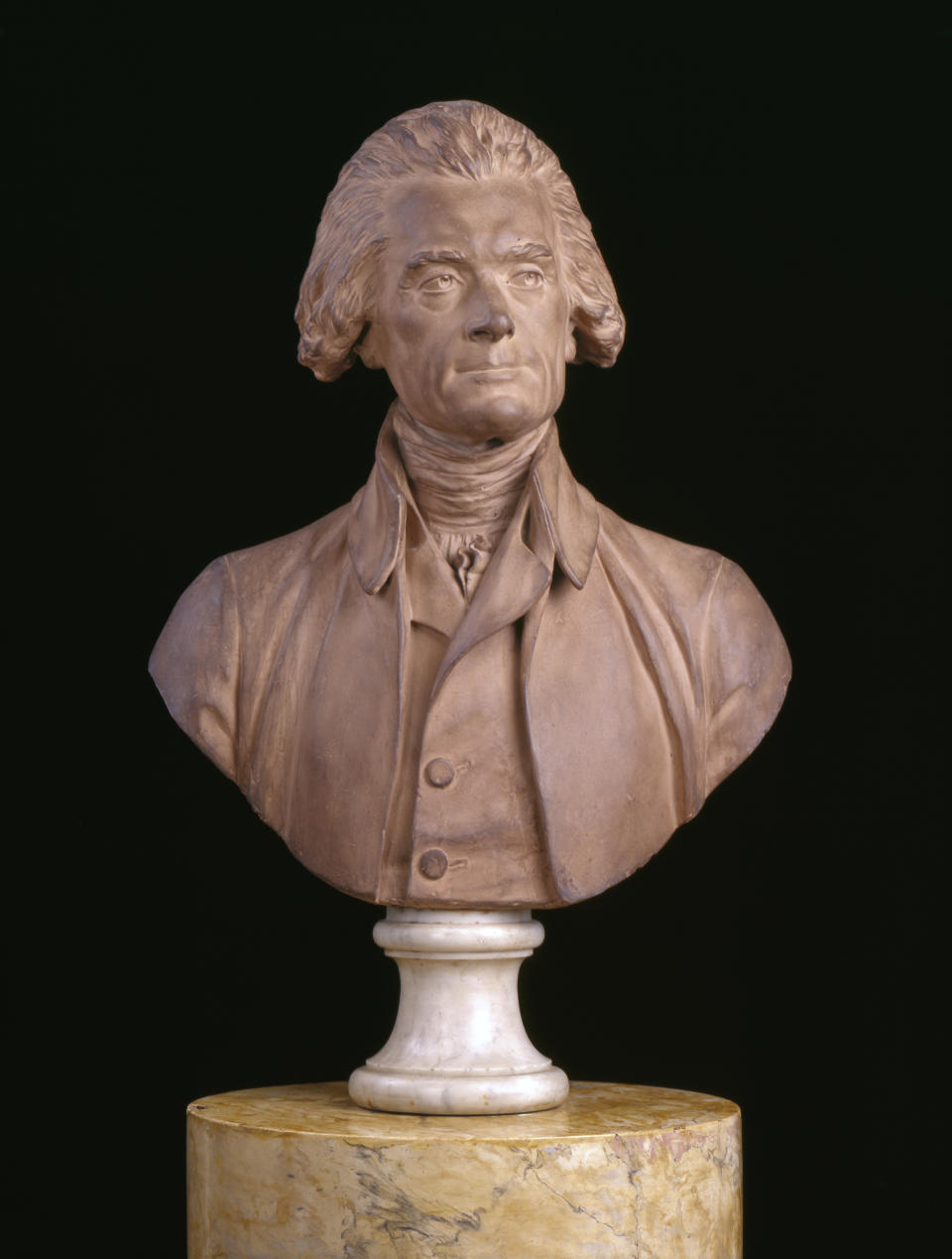 This undated file photo provided by the Thomas Jefferson Foundation at Monticello shows the 1789 bust of Thomas Jefferson, by Jean Antoine Houdon. Jefferson's Monticello will offer many remembrances of his years in France when President Francois Hollande and President Barack Obama visit Monticello on Monday, Feb. 10. (AP Photo/Thomas Jefferson Foundation at Monticello, Edward Owen)