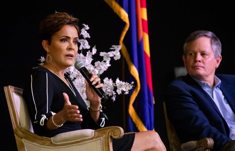 Kari Lake answers questions during a town hall at the Palm Ridge Recreation Center in Sun City West on April 2, 2024.