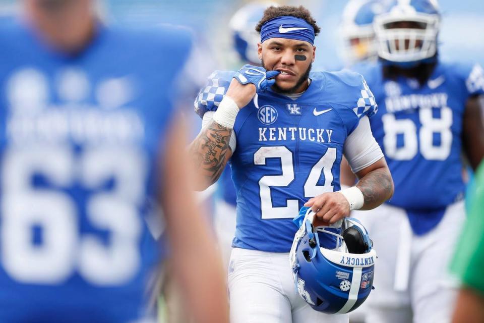 With 2,512 career rushing yards, Kentucky running back Christopher Rodriguez Jr. (24) needs 107 yards to pass Derrick Locke (2,618 from 2007-2010) for seventh place on UK’s all-time rushing list.