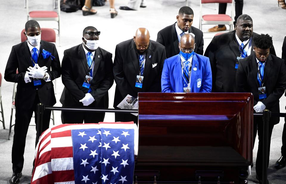 Members of John Lewis’ fraternity, Phi Beta Sigma, pay their respects after “The Boy From Troy” memorial service celebrating the civil rights icon and U.S. Congressman at Trojan Arena Saturday, July 25, 2020 in Troy, Ala.