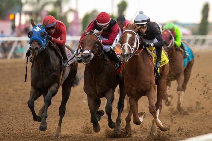 The Chosen Vron (right) wins the Bing Crosby Stakes at Del Mar, a "Win and You're In" for the Breeders' Cup Sprint. Benoit photo, courtesy of Del Mar Turf Club