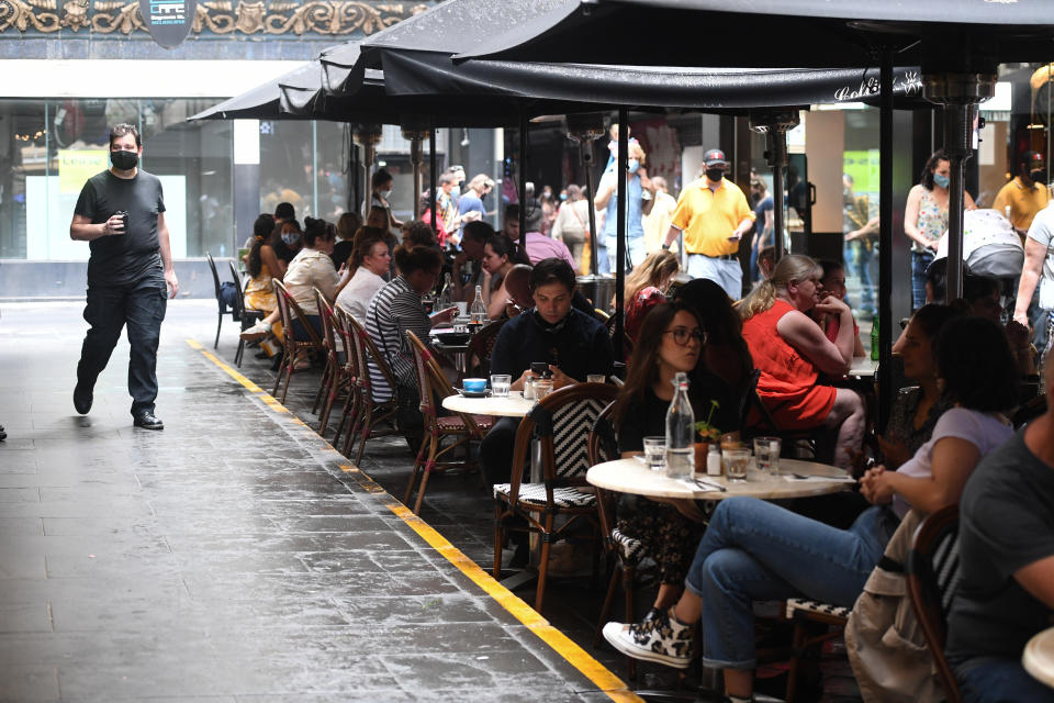 People dine on Degraves Street in Melbourne in November. Source: AAP