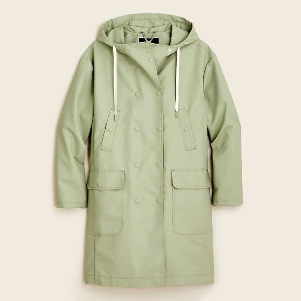 <p><strong>J. Crew Double-Breasted Raincoat, $198,<a href="https://rstyle.me/+DsoZZ2CZMWrvZBDvNMSkdQ" rel="nofollow noopener" target="_blank" data-ylk="slk:available here;elm:context_link;itc:0;sec:content-canvas" class="link "> available here</a> (sizes XXS-3X):</strong> "Every spring, I look for a raincoat that is cute <em>and</em> actually repels water. (I have been duped by many a 'water-resistant' fabric.) Fingers crossed this J.Crew number is set to keep me dry." —TM</p>