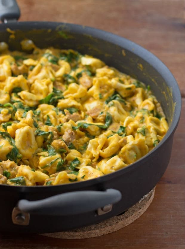 <p><a href="https://emilybites.com/2015/09/pumpkin-alfredo-tortellini-skillet.html" rel="nofollow noopener" target="_blank" data-ylk="slk:Emily Bites;elm:context_link;itc:0;sec:content-canvas" class="link ">Emily Bites</a></p>