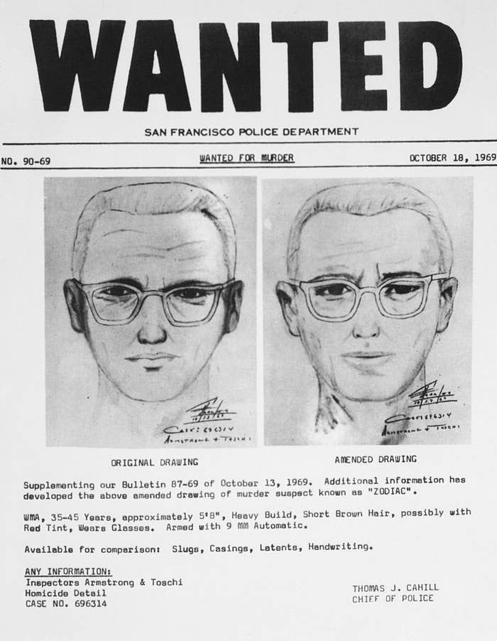 Sketches of a suspect known as "Zodiac" with additional information and a request for public assistance by the San Francisco Police, from October 1969