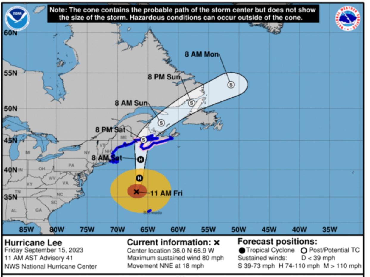 An NOAA map showing the predicted trajectory of Hurricane Lee as it continues on its path through New England and eastern Canada (NOAA)