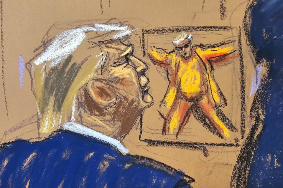 A courtroom sketch showing Donald Trump seated as his attorney presents to the court unfavorable tweets from Michael Cohen during Trump's hush-money trial on May 2, 2024.