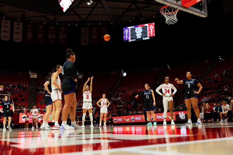 Utah Utes guard Ines Vieira (2) shoots a free throw during the women’s college basketball game between the University of Utah and Weber State University at the Jon M. Huntsman Center in Salt Lake City on Thursday, Dec. 21, 2023. | Megan Nielsen, Deseret News
